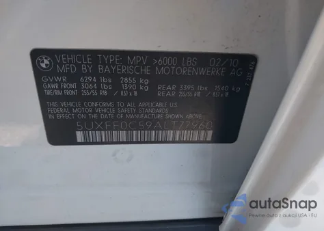 2010 BMW X5 xDrive35D z USA, uszkodzony, nr VIN 5UXFF0C59ALT77960